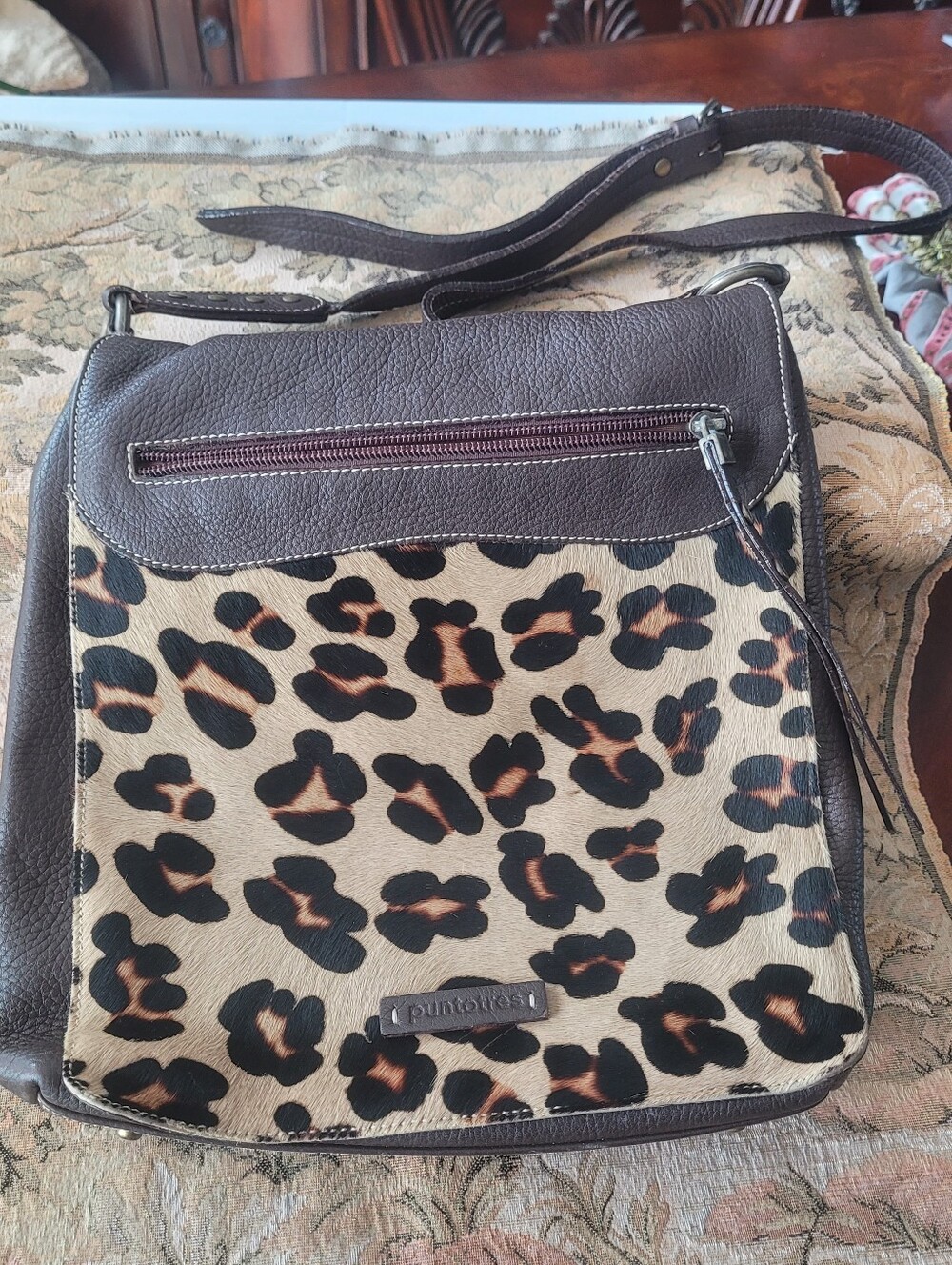 Puntotres leather cross body, leopard calf hair front cross body bag, Spain